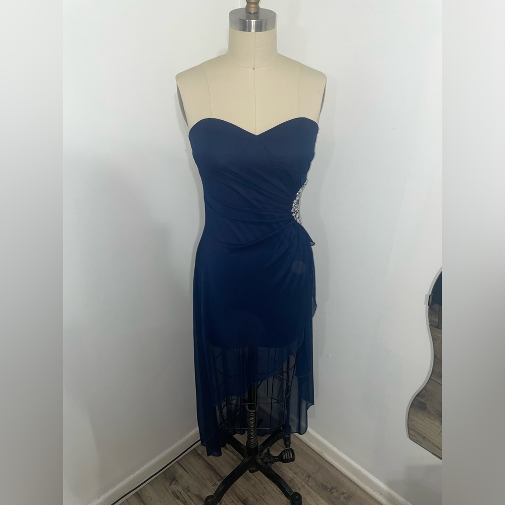 Navy blue prom dress, mini skirt/ chiffon cover design.